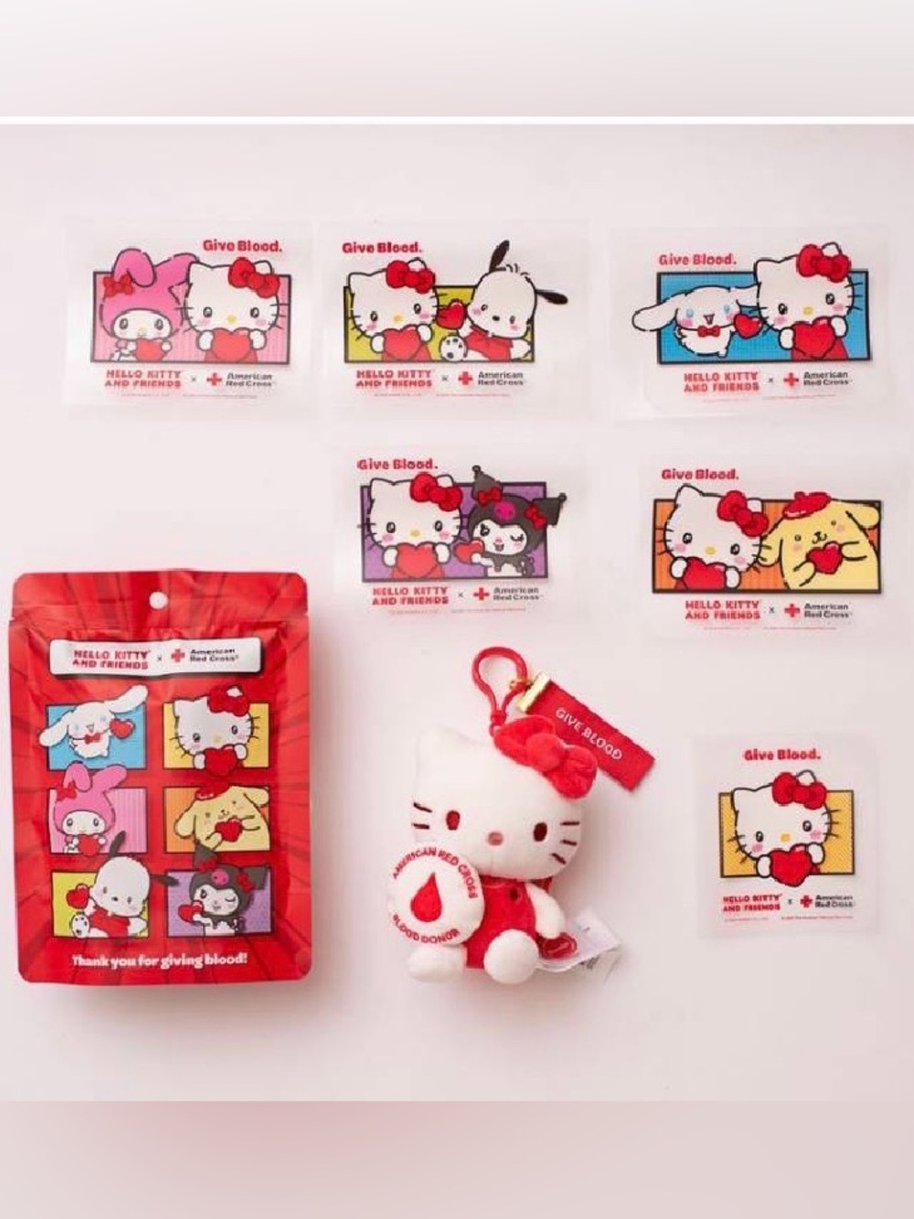 New Hello Kitty x Red Cross Plush Mascot Clip w/Surprise Blind Bag Sticker Pack